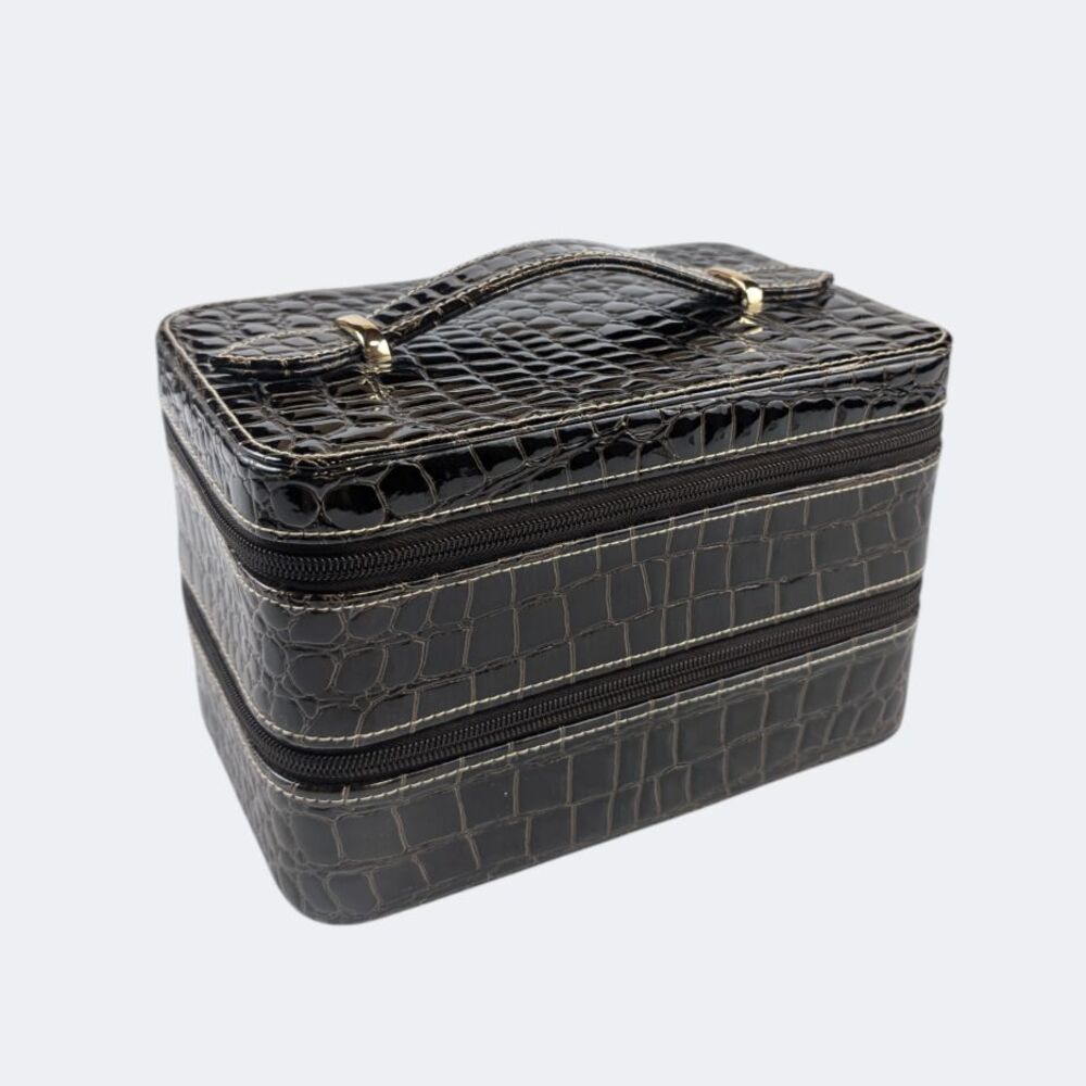 Faux Croc Patent Vanity Train Case Dual Zip Gold Jewelry Travel Box Y2K